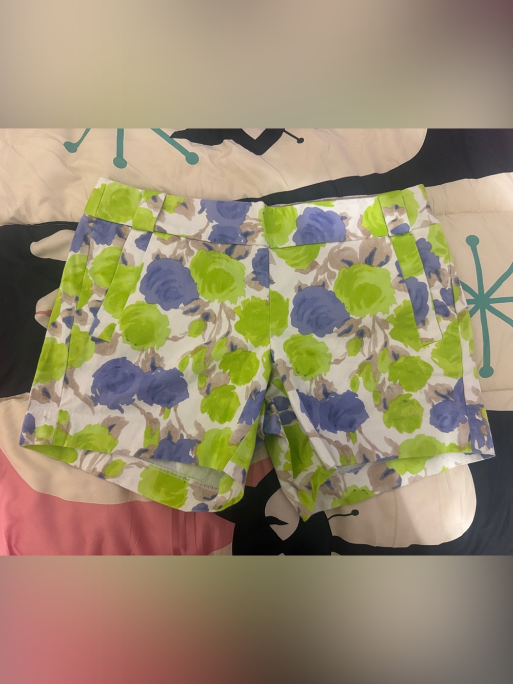 J. Crew White Floral Print Shorts in Lime Green and Lavender